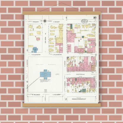 Old map wall art mockup — magnetic wood frame on brick wall — Sanborn Fire Insurance Map from Raleigh, Wake County, North Carolina (1909), Sheet #0010