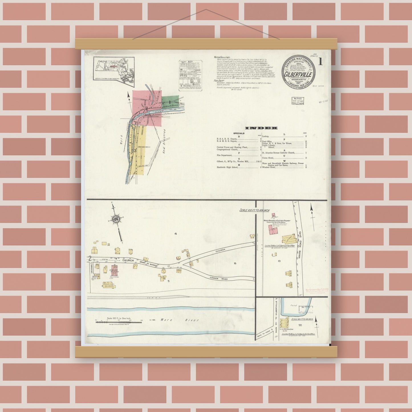Old map wall art mockup — magnetic wood frame on brick wall — Sanborn Fire Insurance Map from Gilbertville, Worcester County, Massachusetts (1917) - Complete Map Set