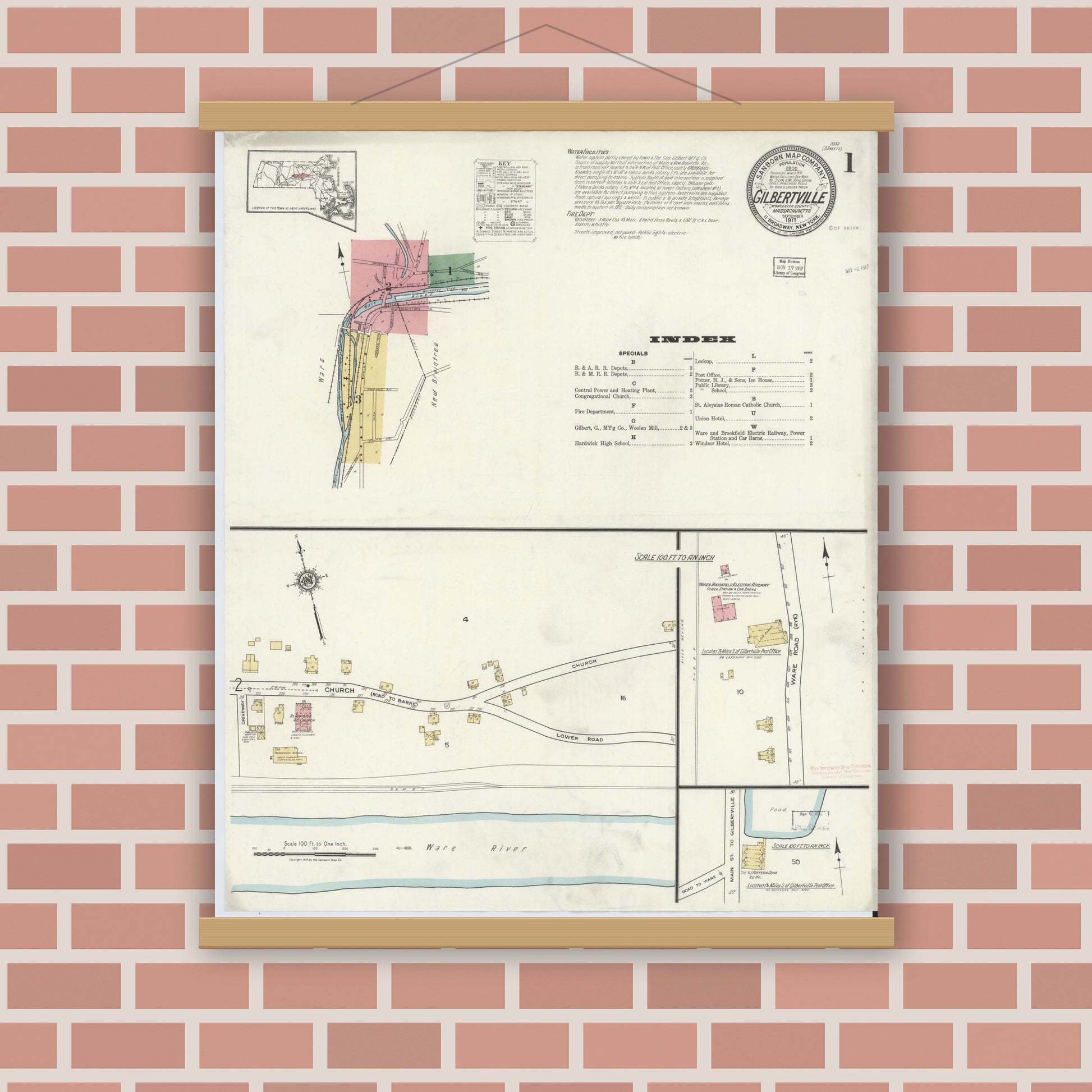 Old map wall art mockup — magnetic wood frame on brick wall — Sanborn Fire Insurance Map from Gilbertville, Worcester County, Massachusetts (1917) - Complete Map Set