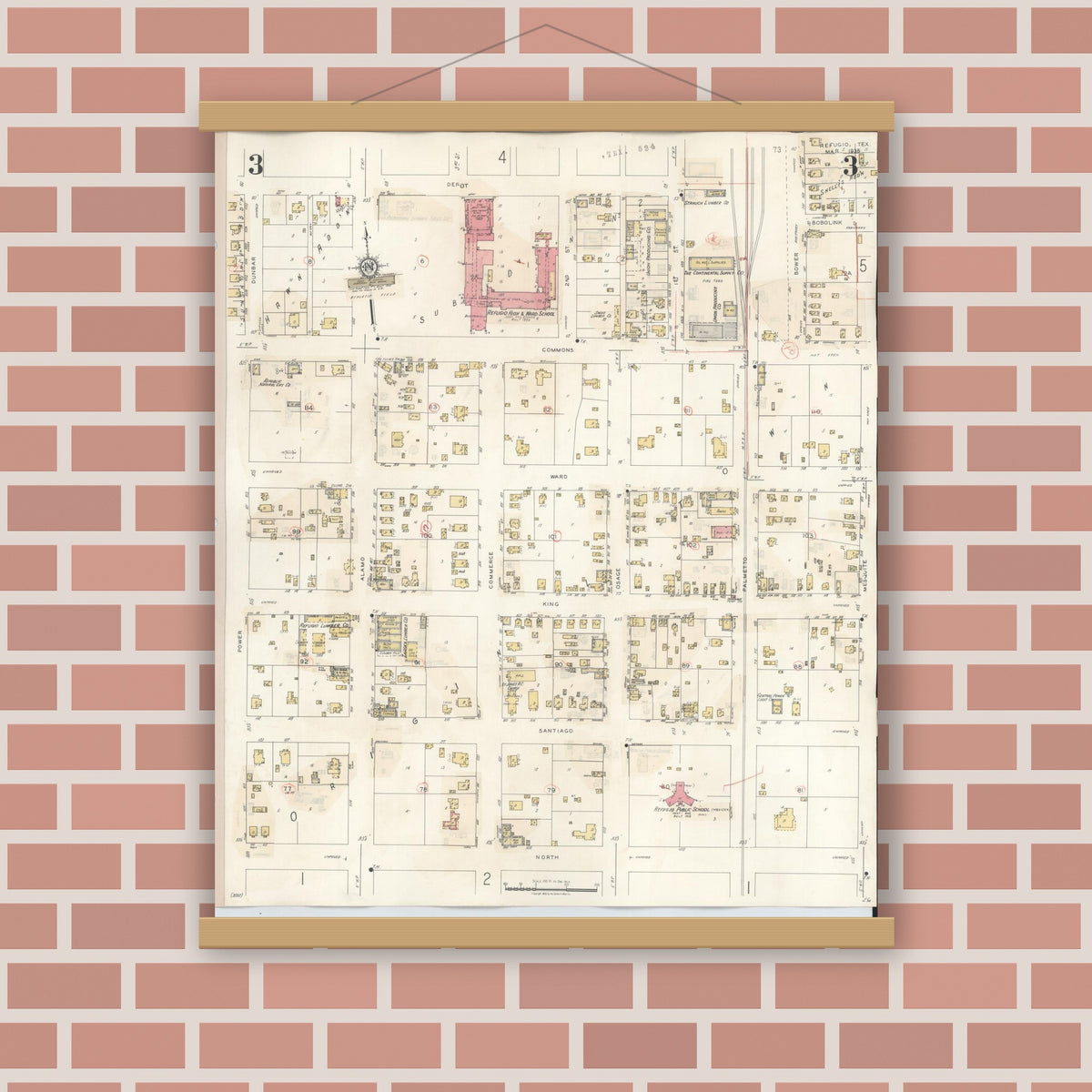 Old map wall art mockup — magnetic wood frame on brick wall — Sanborn Fire Insurance Map from Refugio, Refugio County, Texas (1942), Sheet #0003