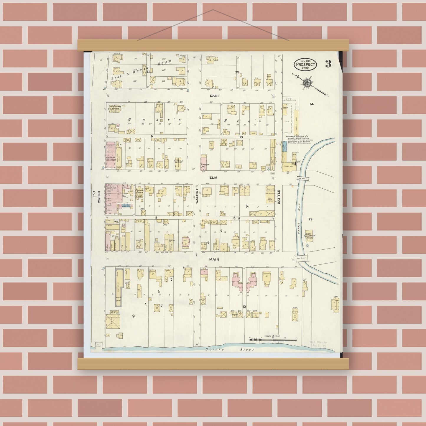 Old map wall art mockup — magnetic wood frame on brick wall — Sanborn Fire Insurance Map from Prospect, Marion County, Ohio (1910), Sheet #0003