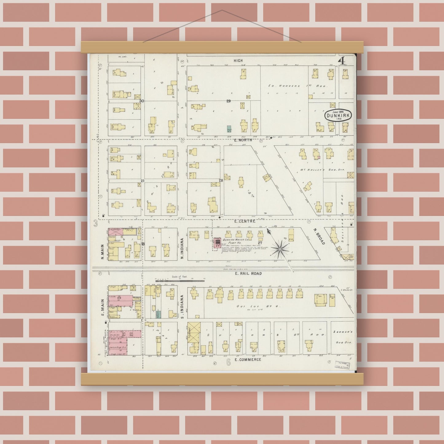 Old map wall art mockup — magnetic wood frame on brick wall — Sanborn Fire Insurance Map from Dunkirk, Jay And Blackford Counties, Indiana (1895), Sheet #0004