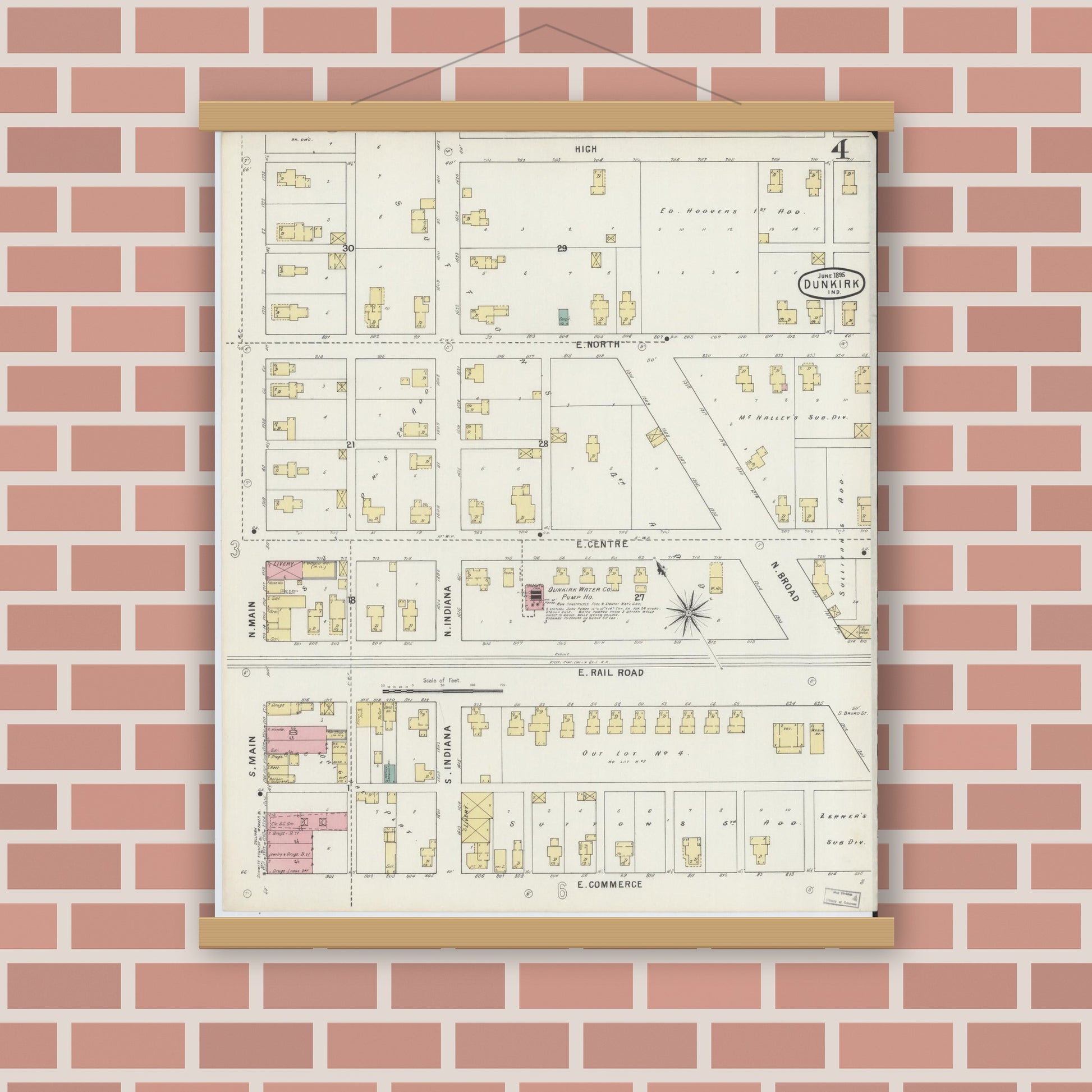 Old map wall art mockup — magnetic wood frame on brick wall — Sanborn Fire Insurance Map from Dunkirk, Jay And Blackford Counties, Indiana (1895), Sheet #0004