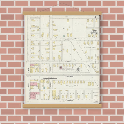 Old map wall art mockup — magnetic wood frame on brick wall — Sanborn Fire Insurance Map from Dunkirk, Jay And Blackford Counties, Indiana (1895), Sheet #0004