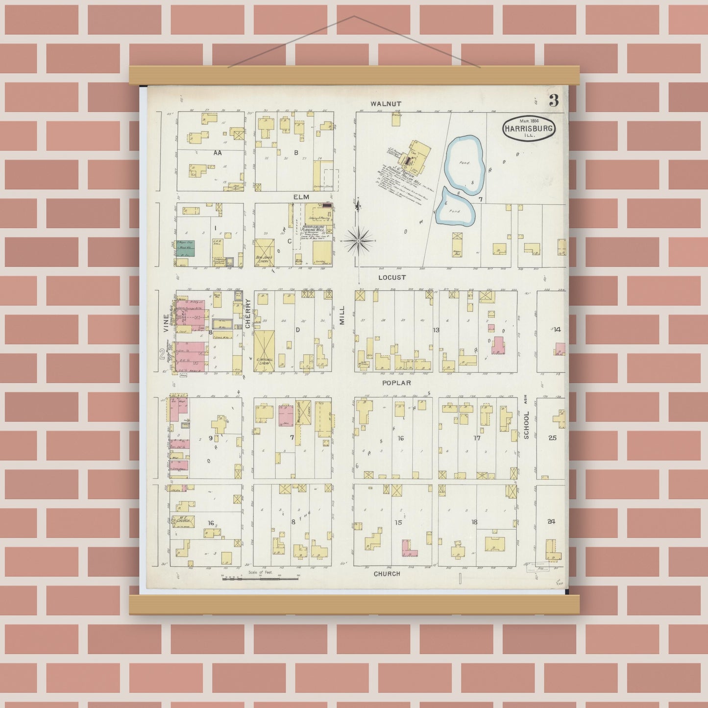 Old map wall art mockup — magnetic wood frame on brick wall — Sanborn Fire Insurance Map from Harrisburg, Saline County, Illinois (1894), Sheet #0003