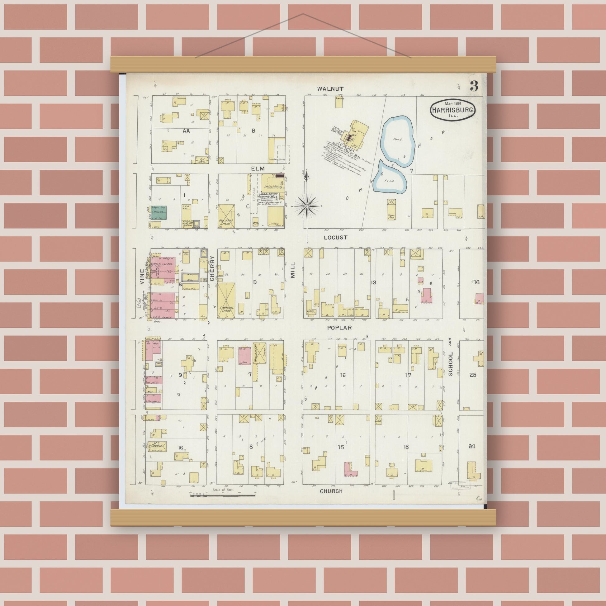 Old map wall art mockup — magnetic wood frame on brick wall — Sanborn Fire Insurance Map from Harrisburg, Saline County, Illinois (1894), Sheet #0003