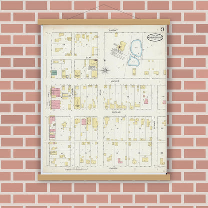 Old map wall art mockup — magnetic wood frame on brick wall — Sanborn Fire Insurance Map from Harrisburg, Saline County, Illinois (1894), Sheet #0003