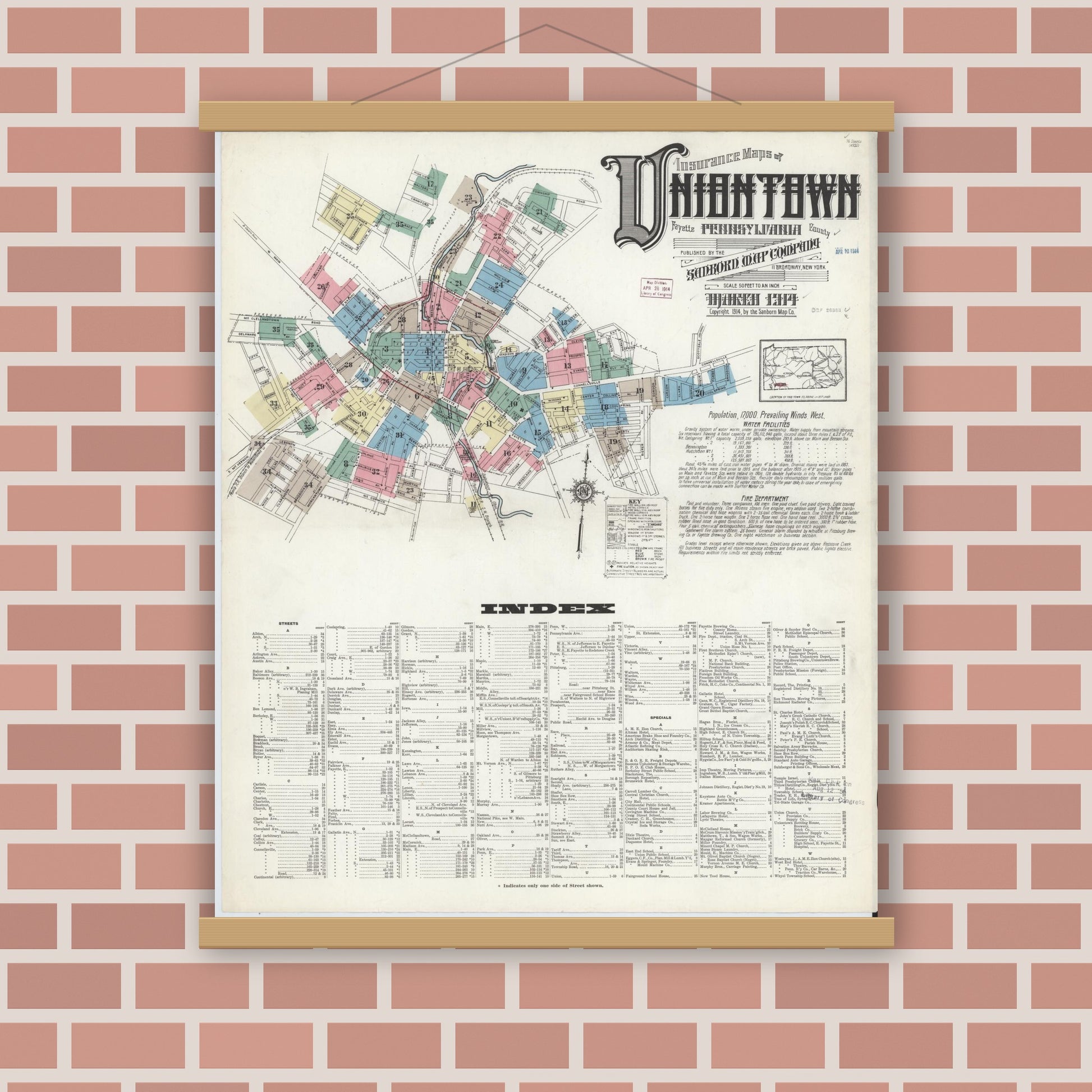 Old map wall art mockup — magnetic wood frame on brick wall — Sanborn Fire Insurance Map from Uniontown, Fayette County, Pennsylvania (1914) - Complete Map Set