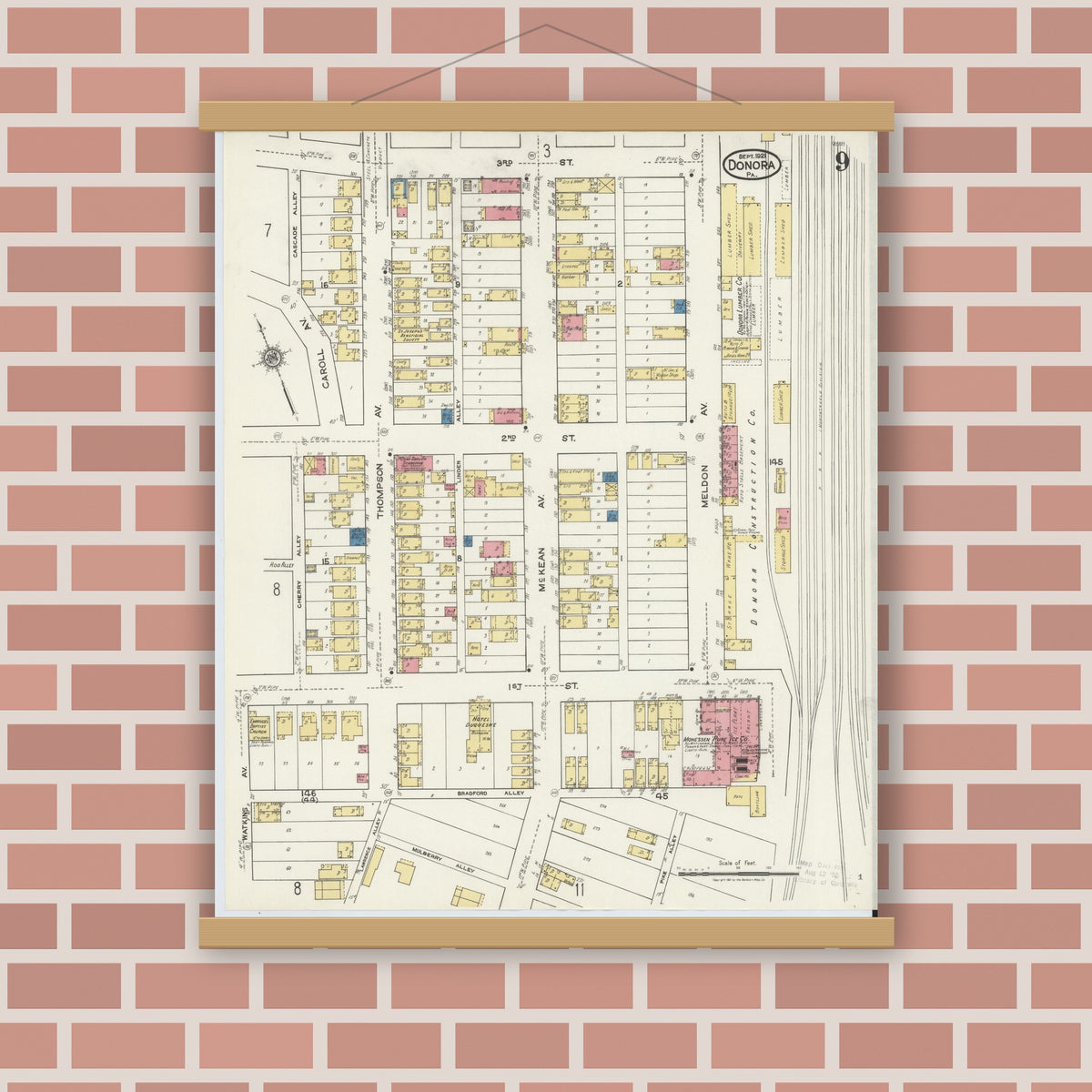 Old map wall art mockup — magnetic wood frame on brick wall — Sanborn Fire Insurance Map from Donora, Washington County, Pennsylvania (1921), Sheet #0009