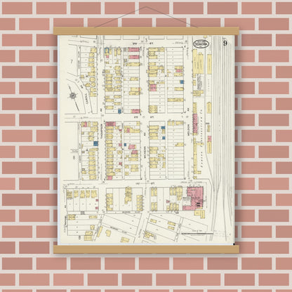 Old map wall art mockup — magnetic wood frame on brick wall — Sanborn Fire Insurance Map from Donora, Washington County, Pennsylvania (1921), Sheet #0009