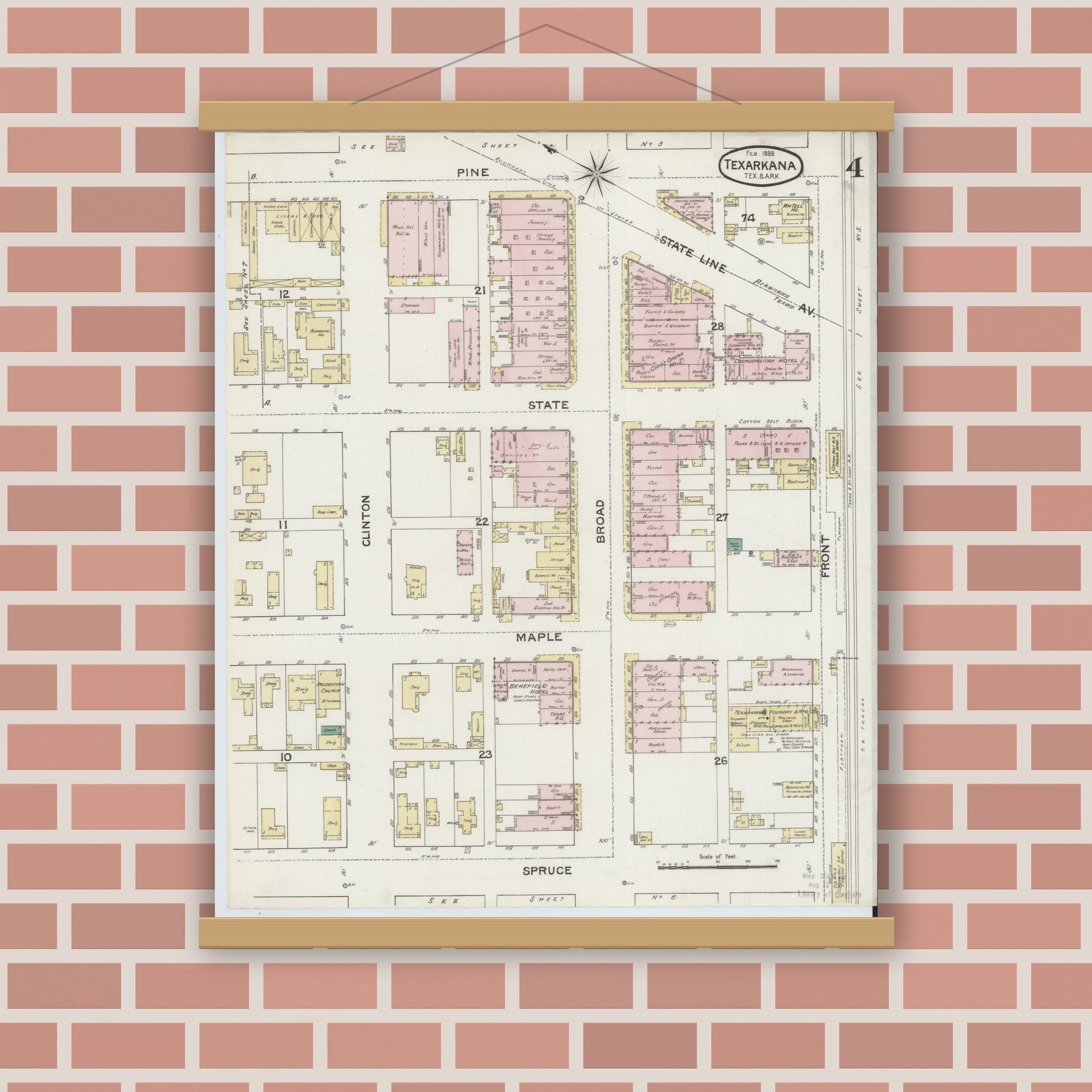 Old map wall art mockup — magnetic wood frame on brick wall — Sanborn Fire Insurance Map from Texarkana, Bowie County, Texas (1888), Sheet #0004