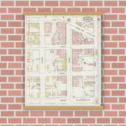 Old map wall art mockup — magnetic wood frame on brick wall — Sanborn Fire Insurance Map from Texarkana, Bowie County, Texas (1888), Sheet #0004