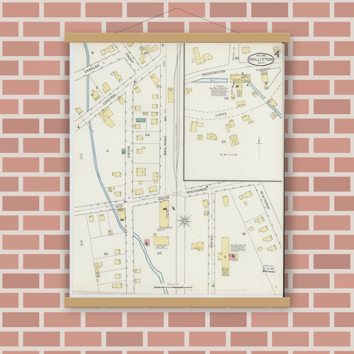 Old map wall art mockup — magnetic wood frame on brick wall — Sanborn Fire Insurance Map from Holliston, Middlesex County, Massachusetts (1894), Sheet #0004