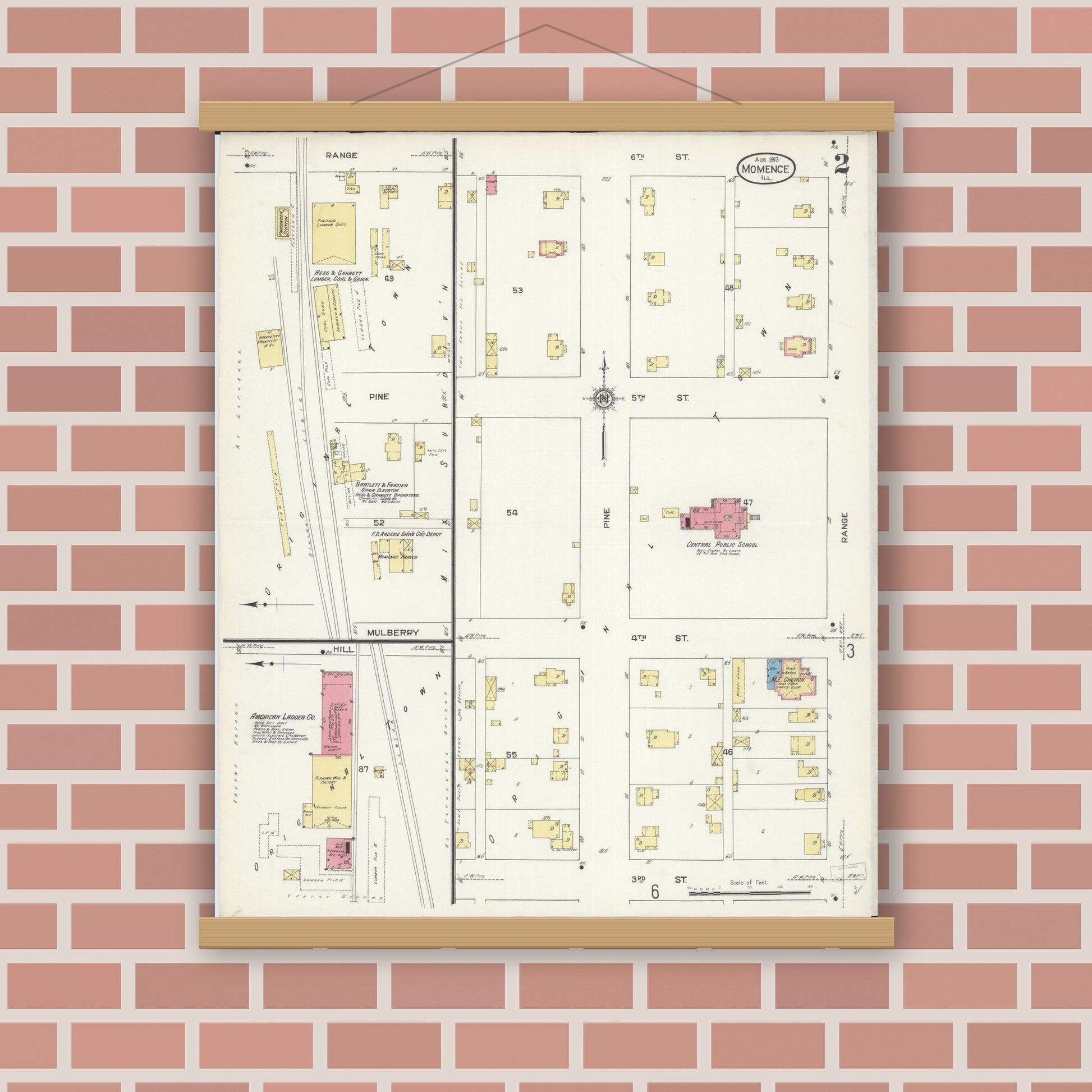 Old map wall art mockup — magnetic wood frame on brick wall — Sanborn Fire Insurance Map from Momence, Kankakee County, Illinois (1913), Sheet #0002
