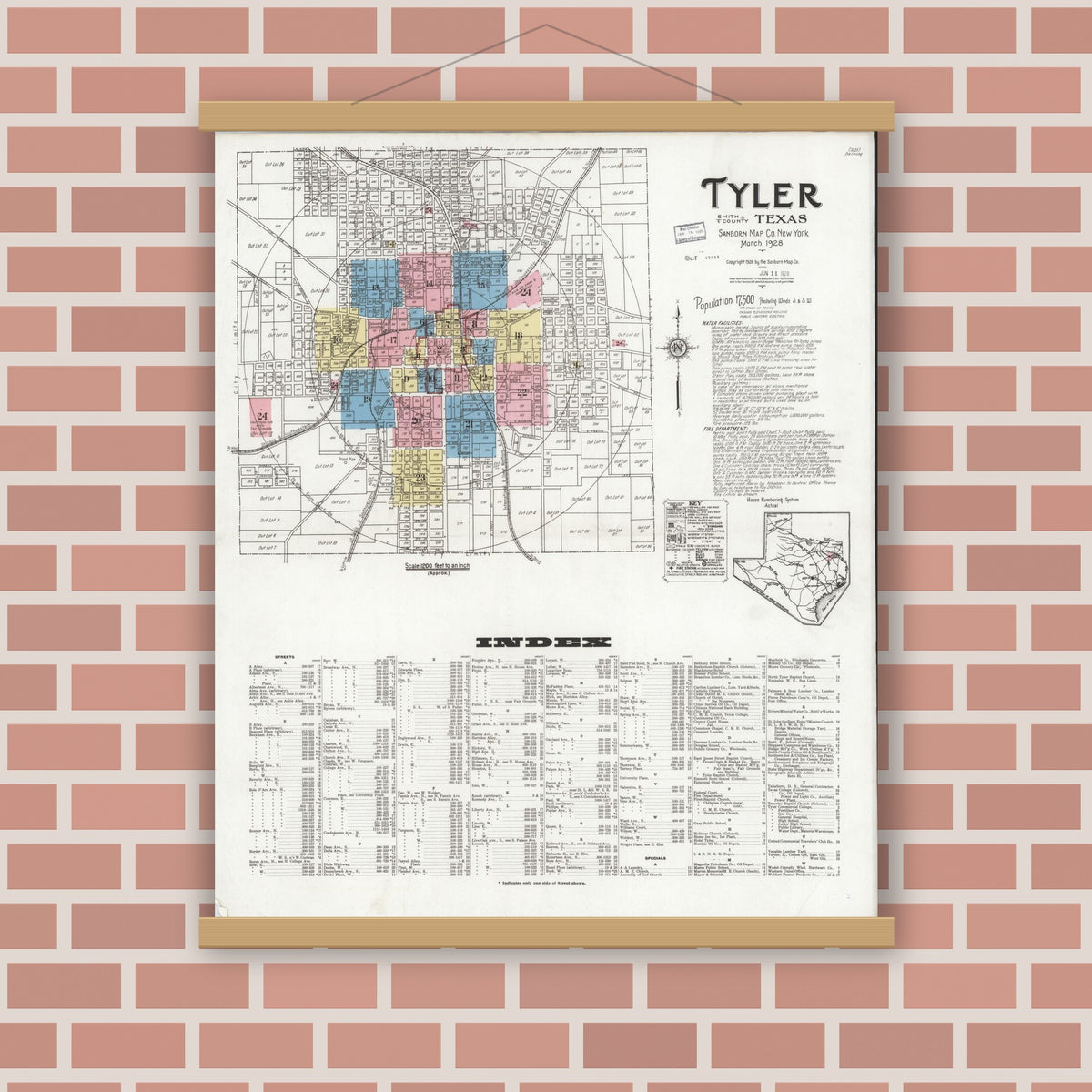 Old map wall art mockup — magnetic wood frame on brick wall — Sanborn Fire Insurance Map from Tyler, Smith County, Texas (1928), Sheet #0001