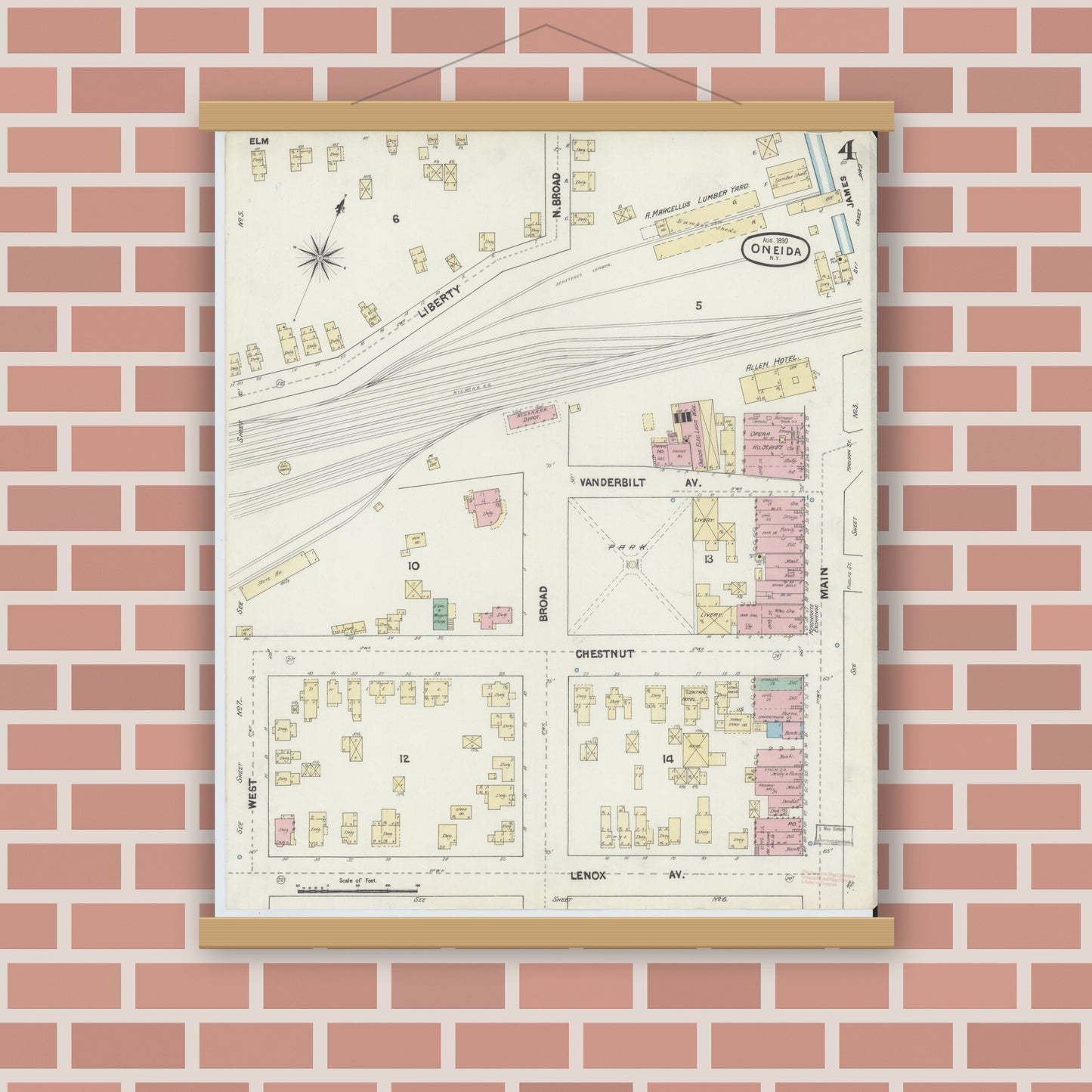 Old map wall art mockup — magnetic wood frame on brick wall — Sanborn Fire Insurance Map from Oneida, Madison County, New York (1890), Sheet #0004