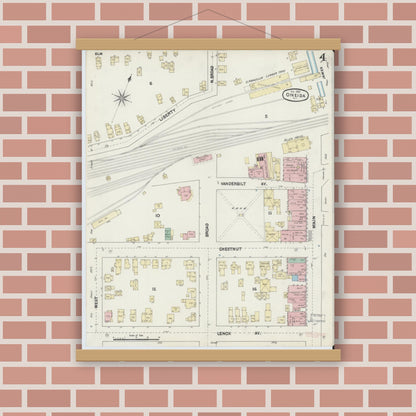 Old map wall art mockup — magnetic wood frame on brick wall — Sanborn Fire Insurance Map from Oneida, Madison County, New York (1890), Sheet #0004