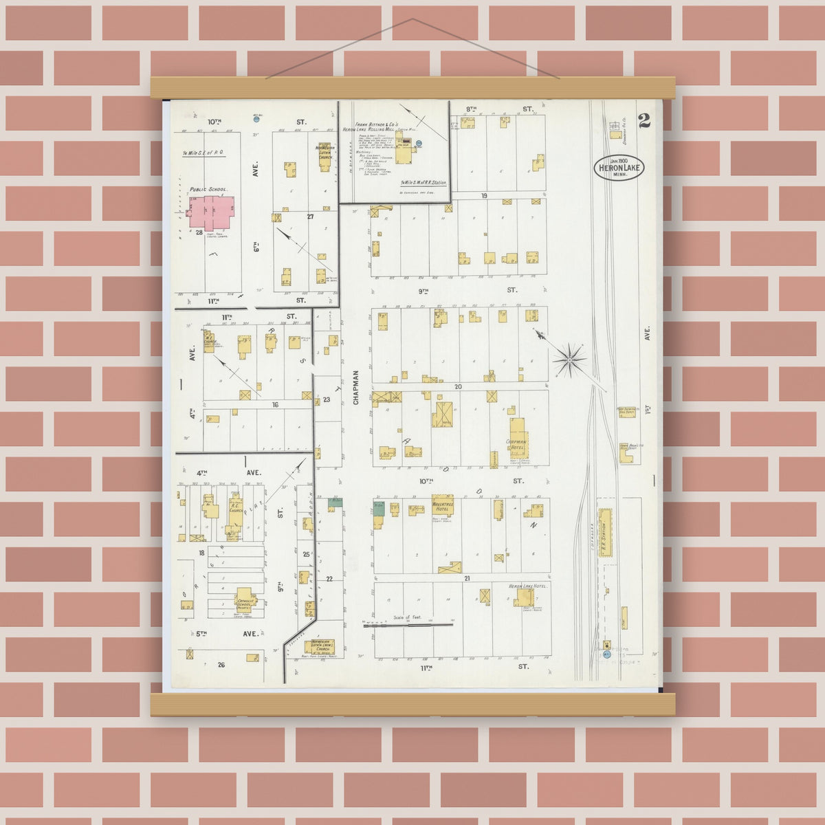 Old map wall art mockup — magnetic wood frame on brick wall — Sanborn Fire Insurance Map from Heron Lake, Jackson County, Minnesota (1900), Sheet #0002