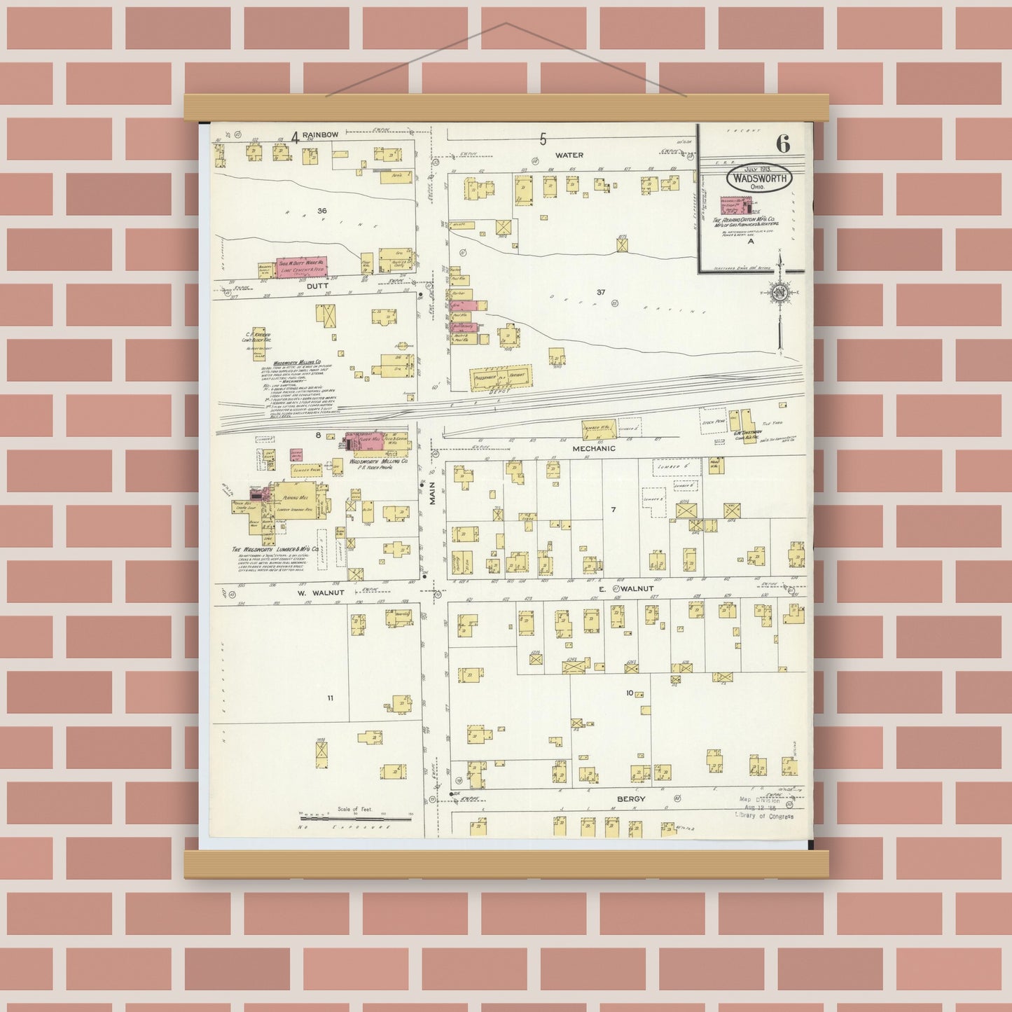 Old map wall art mockup — magnetic wood frame on brick wall — Sanborn Fire Insurance Map from Wadsworth, Medina County, Ohio (1913), Sheet #0006