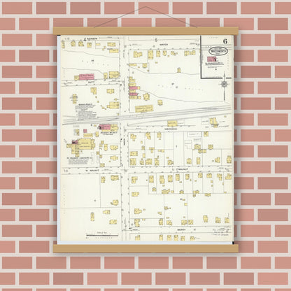 Old map wall art mockup — magnetic wood frame on brick wall — Sanborn Fire Insurance Map from Wadsworth, Medina County, Ohio (1913), Sheet #0006
