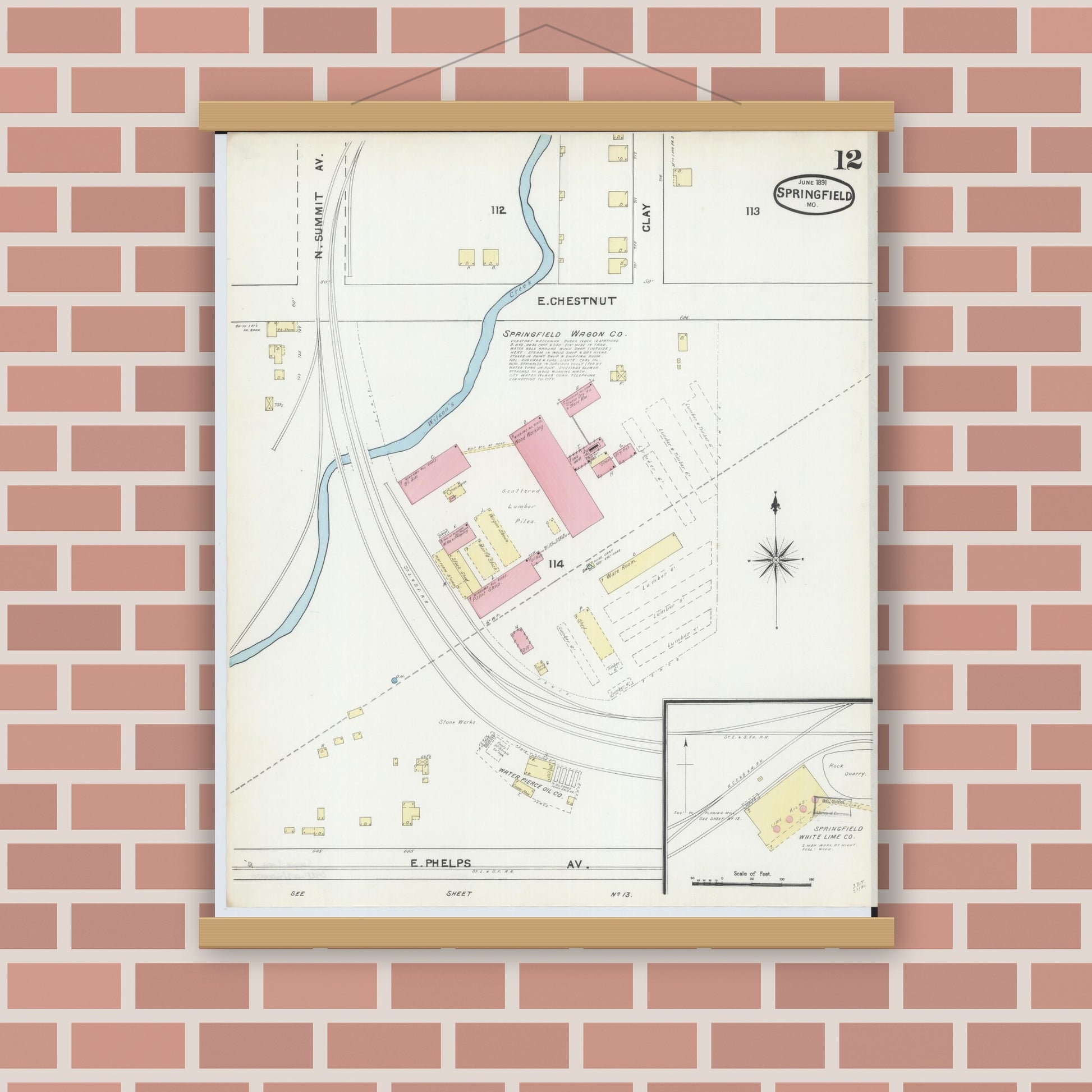 Old map wall art mockup — magnetic wood frame on brick wall — Sanborn Fire Insurance Map from Springfield, Greene County, Missouri (1891), Sheet #0012
