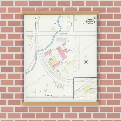 Old map wall art mockup — magnetic wood frame on brick wall — Sanborn Fire Insurance Map from Springfield, Greene County, Missouri (1891), Sheet #0012