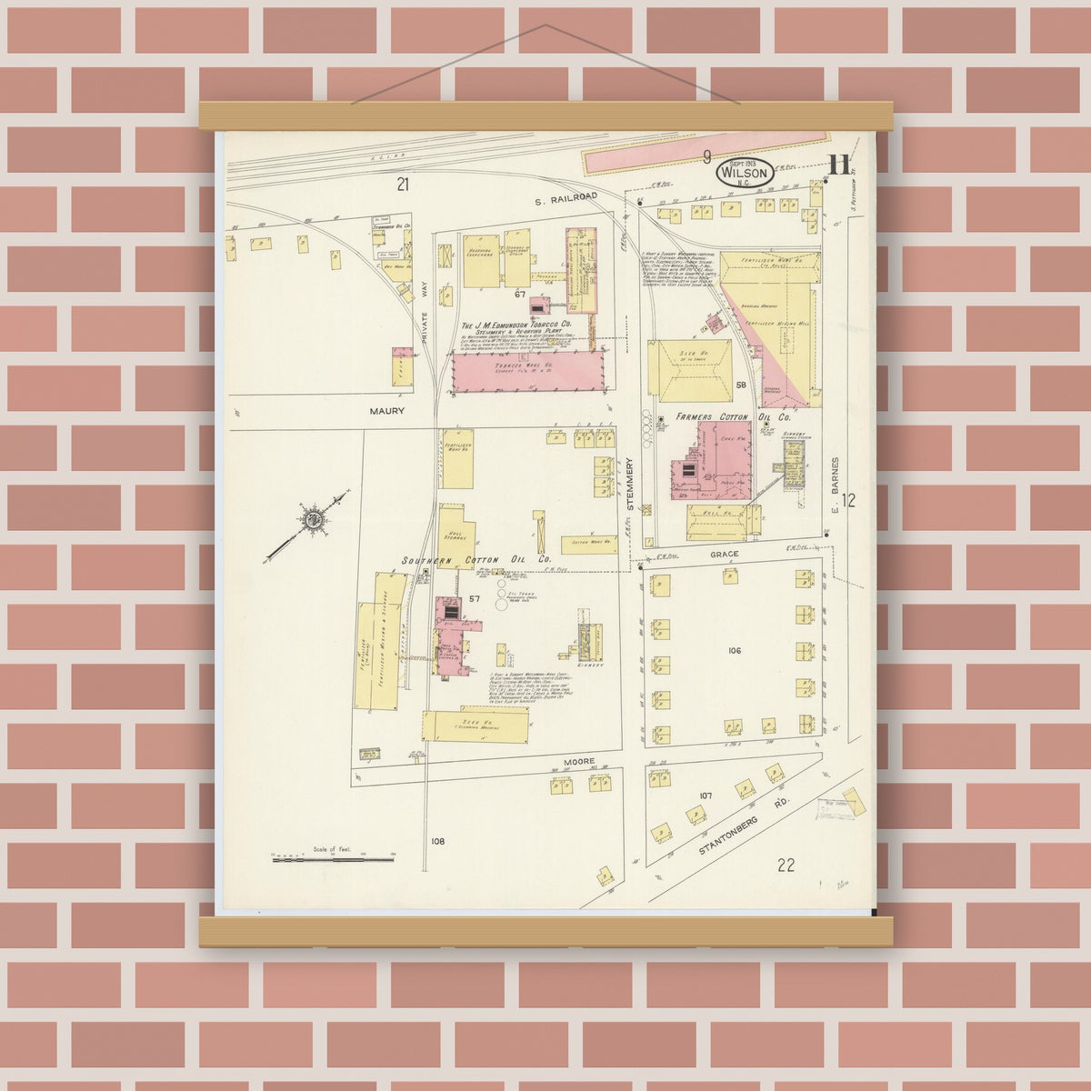 Old map wall art mockup — magnetic wood frame on brick wall — Sanborn Fire Insurance Map from Wilson, Wilson County, North Carolina (1913), Sheet #0011
