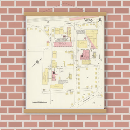Old map wall art mockup — magnetic wood frame on brick wall — Sanborn Fire Insurance Map from Wilson, Wilson County, North Carolina (1913), Sheet #0011