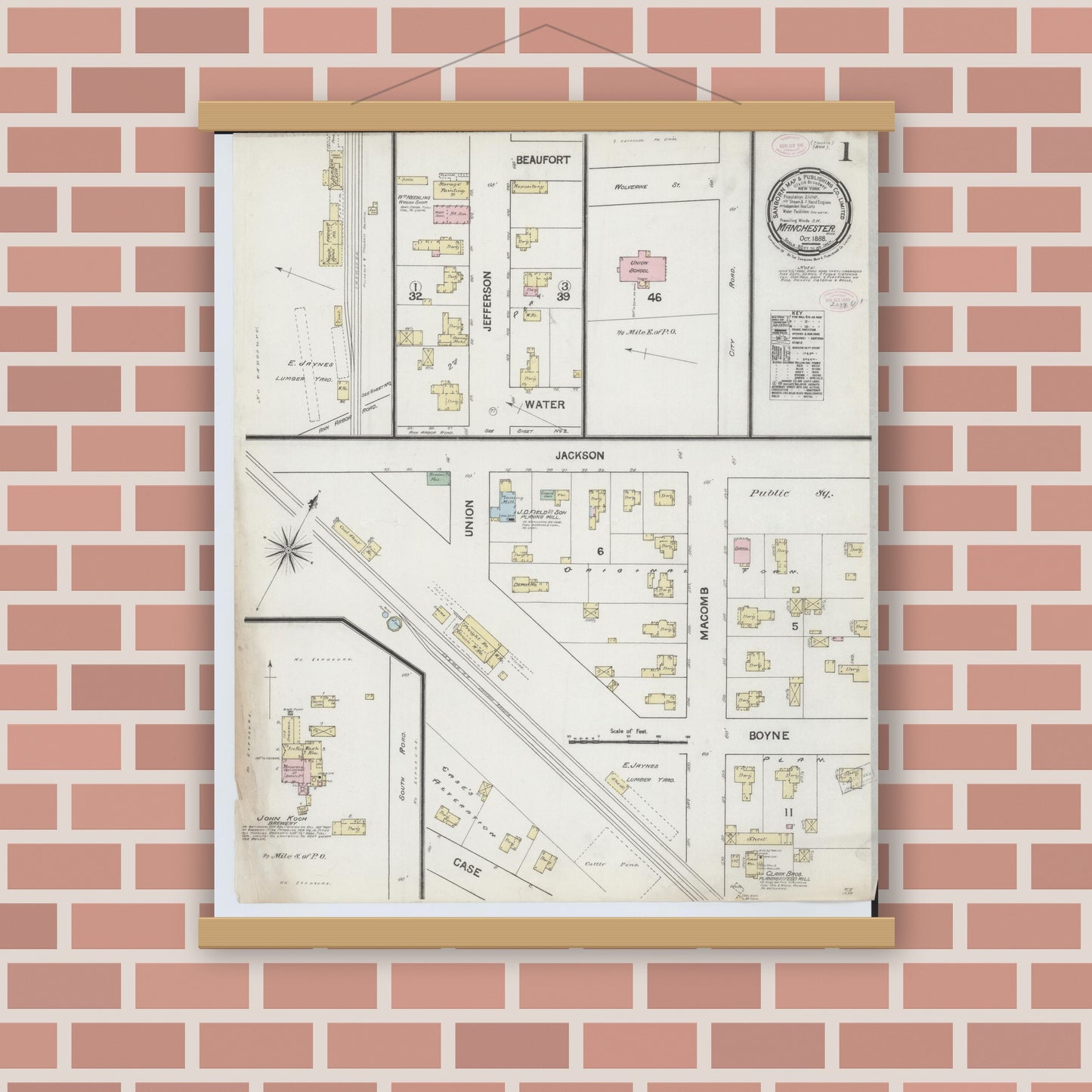 Old map wall art mockup — magnetic wood frame on brick wall — Sanborn Fire Insurance Map from Manchester, Washtenaw County, Michigan (1888) - Complete Map Set