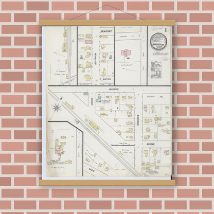 Old map wall art mockup — magnetic wood frame on brick wall — Sanborn Fire Insurance Map from Manchester, Washtenaw County, Michigan (1888) - Complete Map Set