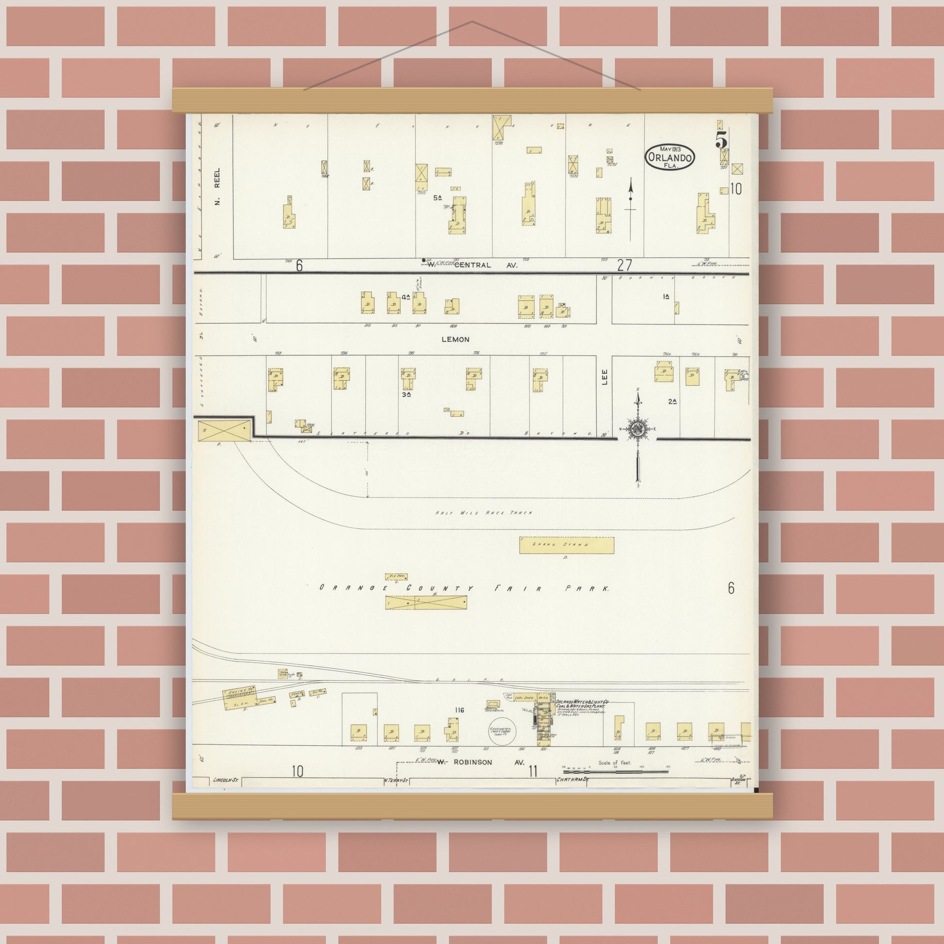 Old map wall art mockup — magnetic wood frame on brick wall — Sanborn Fire Insurance Map from Orlando, Orange County, Florida (1913), Sheet #0005