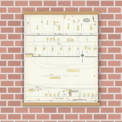 Old map wall art mockup — magnetic wood frame on brick wall — Sanborn Fire Insurance Map from Orlando, Orange County, Florida (1913), Sheet #0005