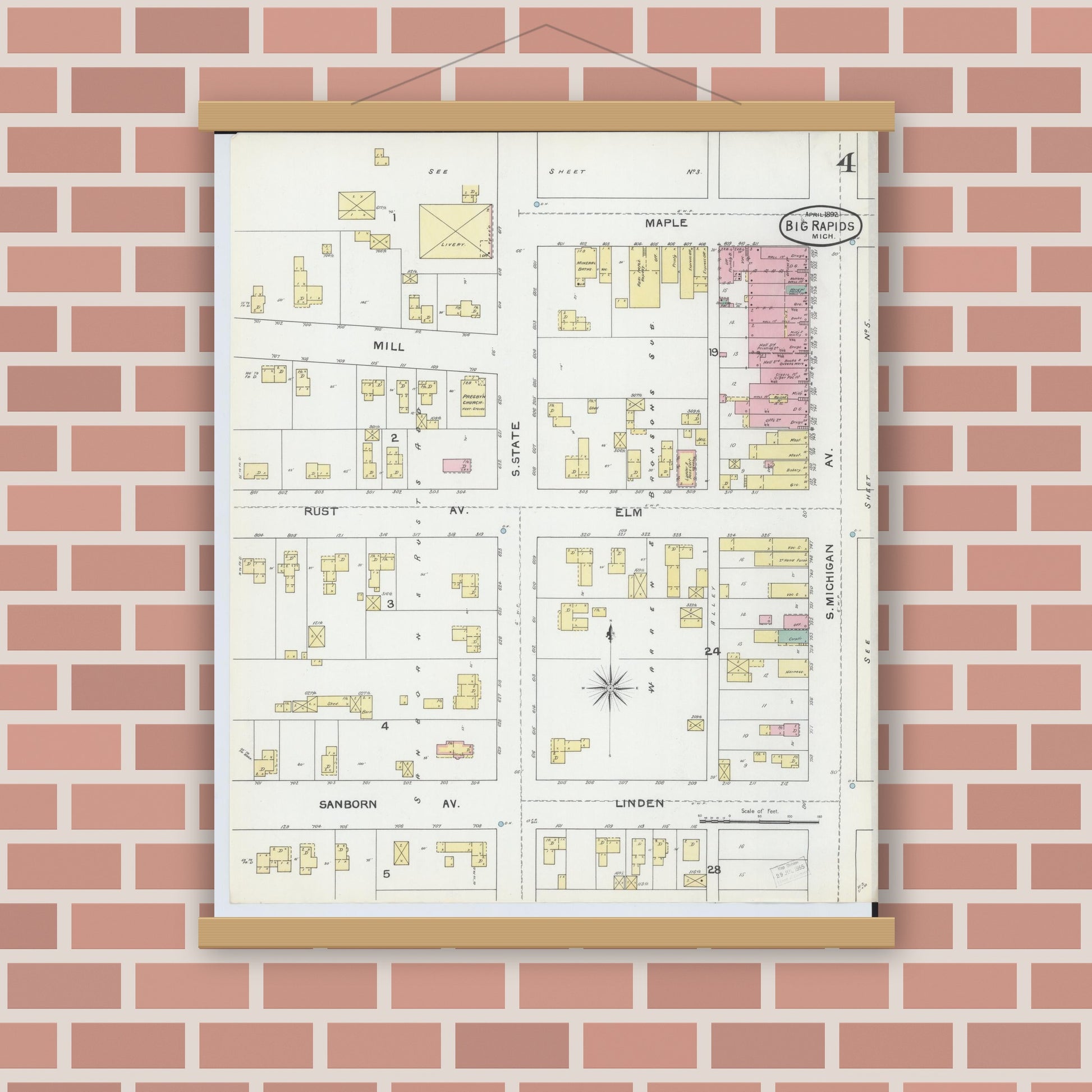 Old map wall art mockup — magnetic wood frame on brick wall — Sanborn Fire Insurance Map from Big Rapids, Mecosta County, Michigan (1892), Sheet #0004