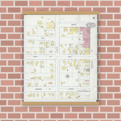 Old map wall art mockup — magnetic wood frame on brick wall — Sanborn Fire Insurance Map from Big Rapids, Mecosta County, Michigan (1892), Sheet #0004