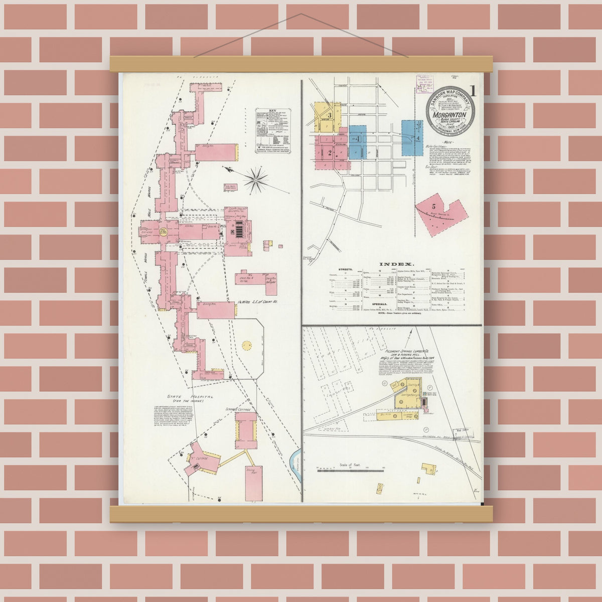 Old map wall art mockup — magnetic wood frame on brick wall — Sanborn Fire Insurance Map from Morganton, Burke County, North Carolina (1905) - Complete Map Set