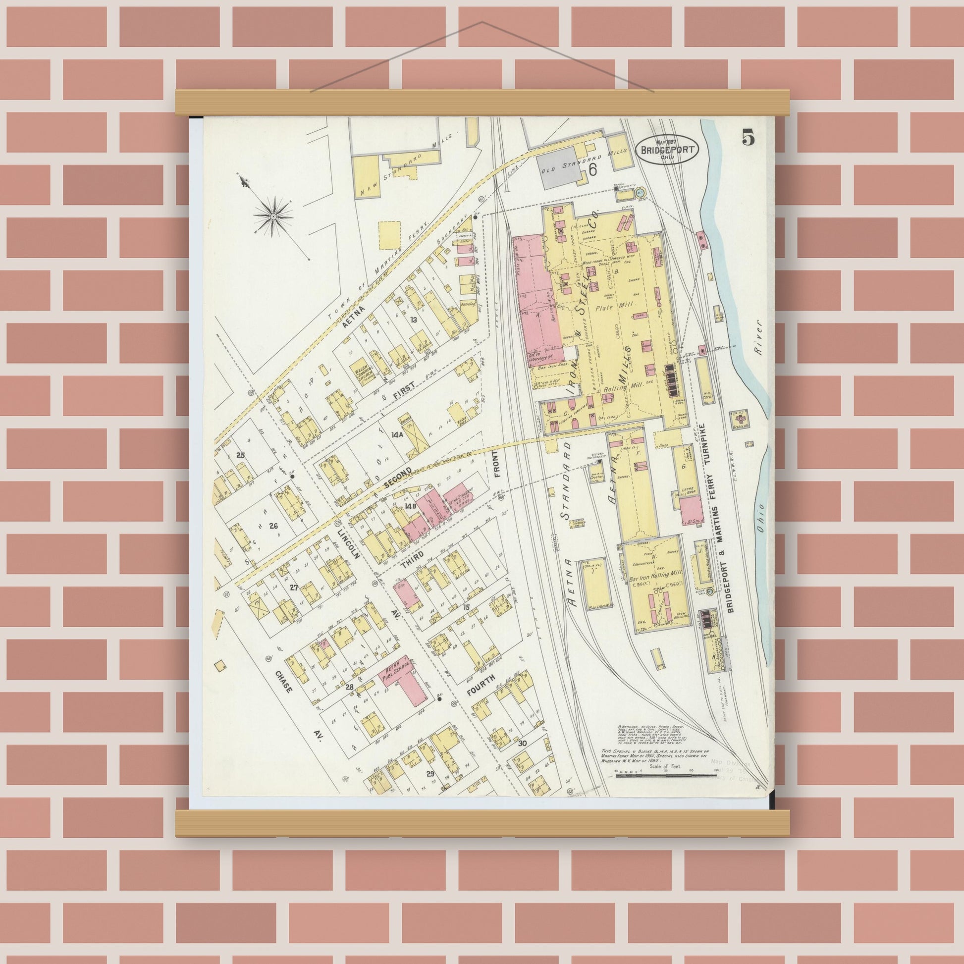 Old map wall art mockup — magnetic wood frame on brick wall — Sanborn Fire Insurance Map from Bridgeport, Belmont County, Ohio (1897), Sheet #0005