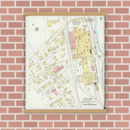 Old map wall art mockup — magnetic wood frame on brick wall — Sanborn Fire Insurance Map from Bridgeport, Belmont County, Ohio (1897), Sheet #0005
