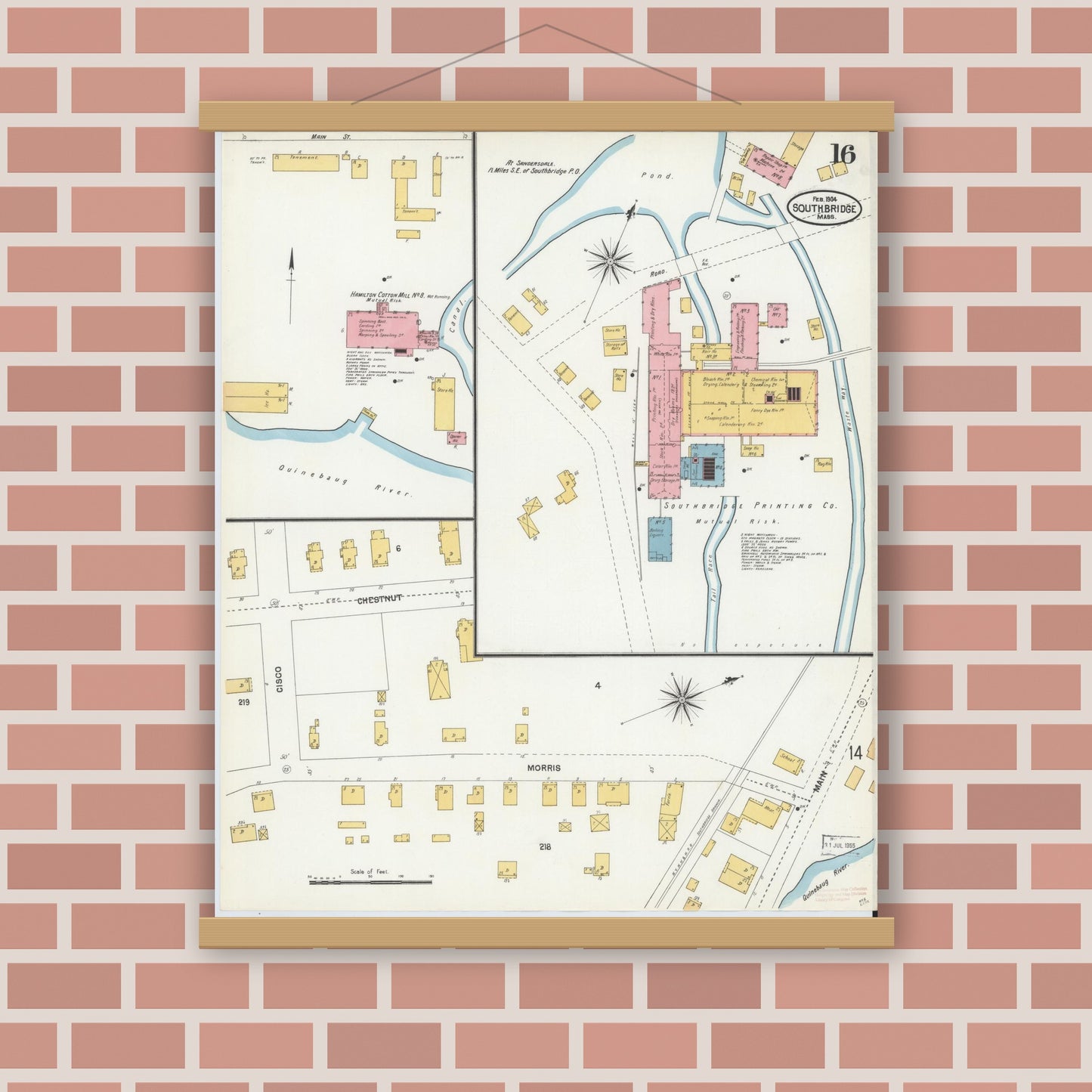 Old map wall art mockup — magnetic wood frame on brick wall — Sanborn Fire Insurance Map from Southbridge, Worcester County, Massachusetts (1904), Sheet #0016