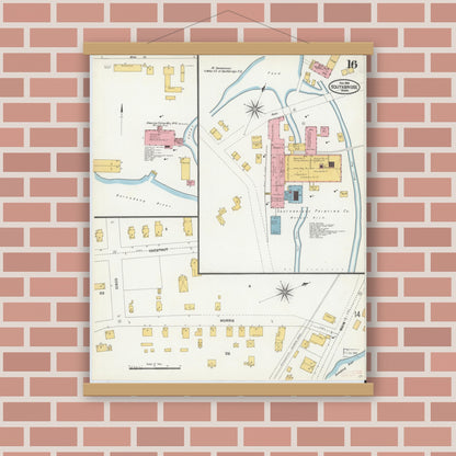 Old map wall art mockup — magnetic wood frame on brick wall — Sanborn Fire Insurance Map from Southbridge, Worcester County, Massachusetts (1904), Sheet #0016