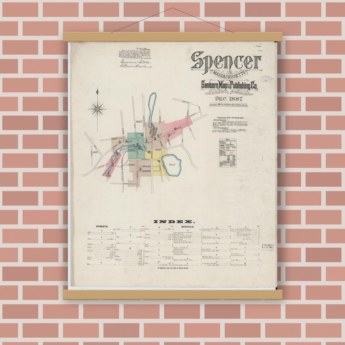 Old map wall art mockup — magnetic wood frame on brick wall — Sanborn Fire Insurance Map from Spencer, Worcester County, Massachusetts (1887) - Complete Map Set