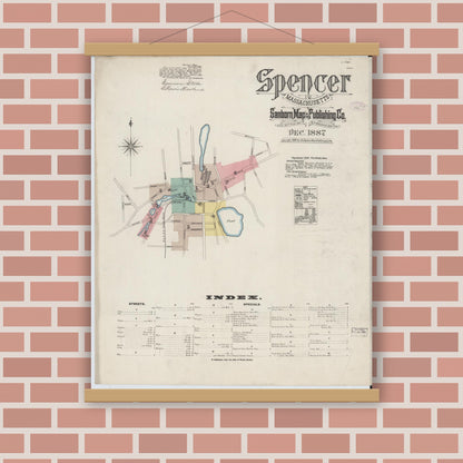 Old map wall art mockup — magnetic wood frame on brick wall — Sanborn Fire Insurance Map from Spencer, Worcester County, Massachusetts (1887) - Complete Map Set