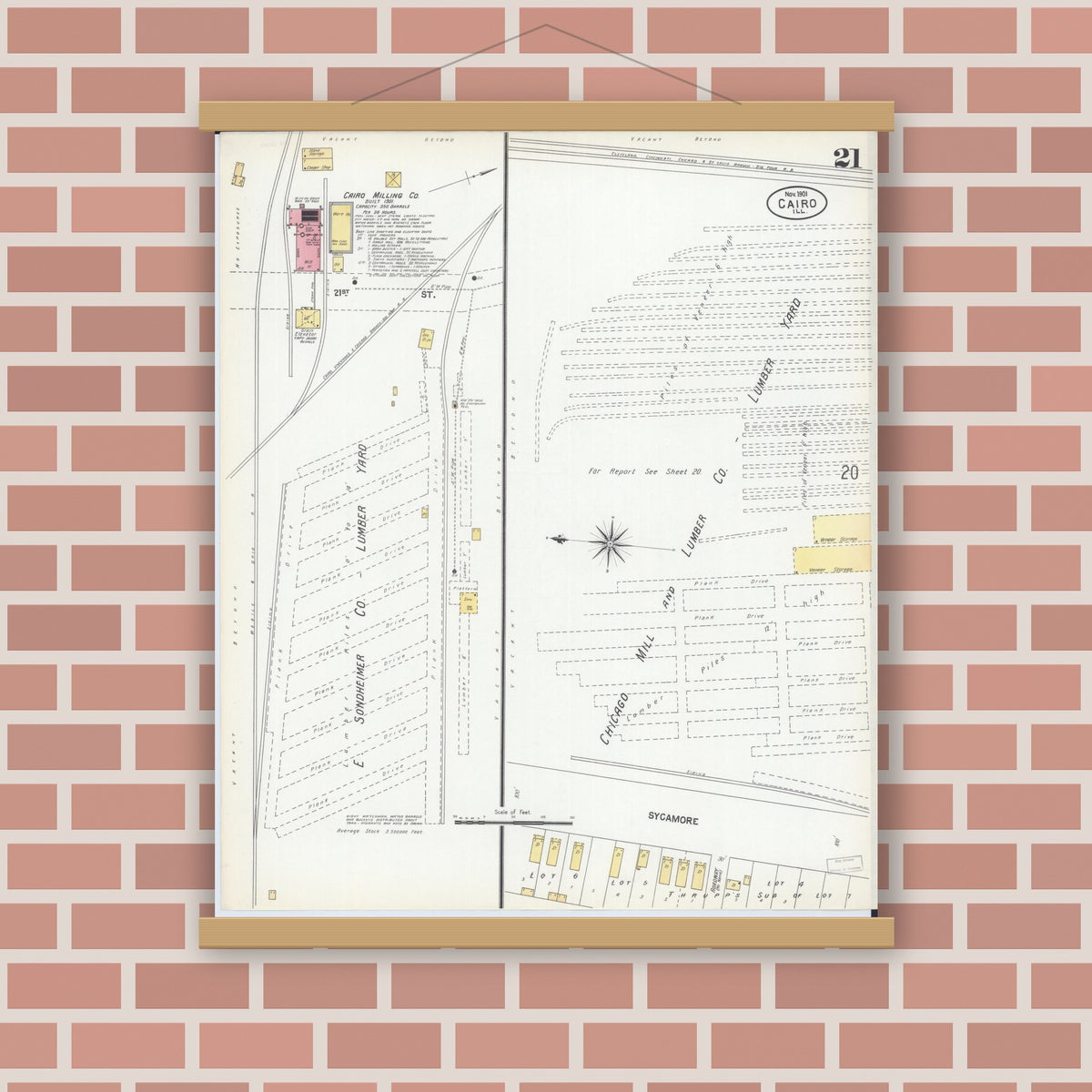 Old map wall art mockup — magnetic wood frame on brick wall — Sanborn Fire Insurance Map from Cairo, Alexander County, Illinois (1901), Sheet #0021