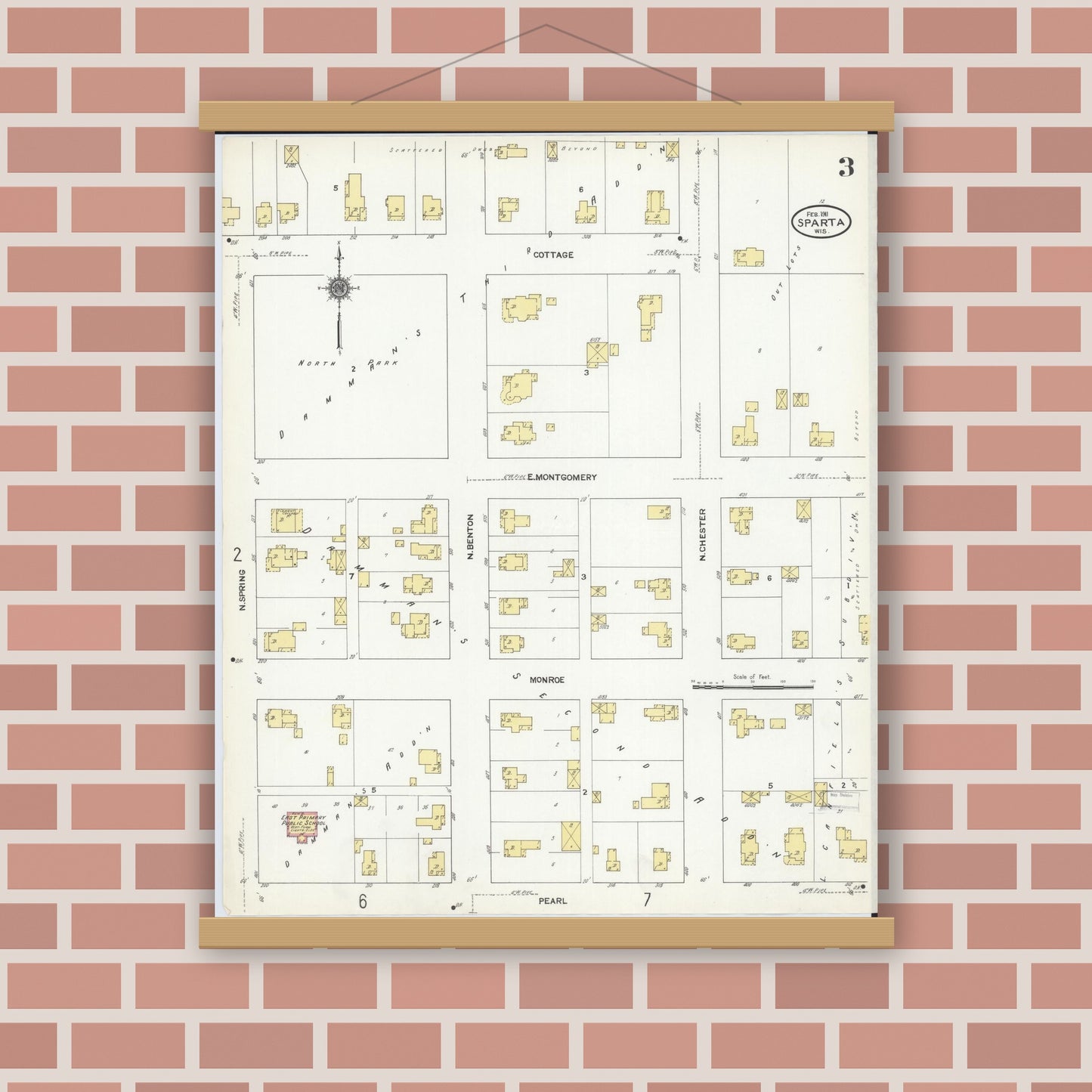 Old map wall art mockup — magnetic wood frame on brick wall — Sanborn Fire Insurance Map from Sparta, Monroe County, Wisconsin (1911), Sheet #0003