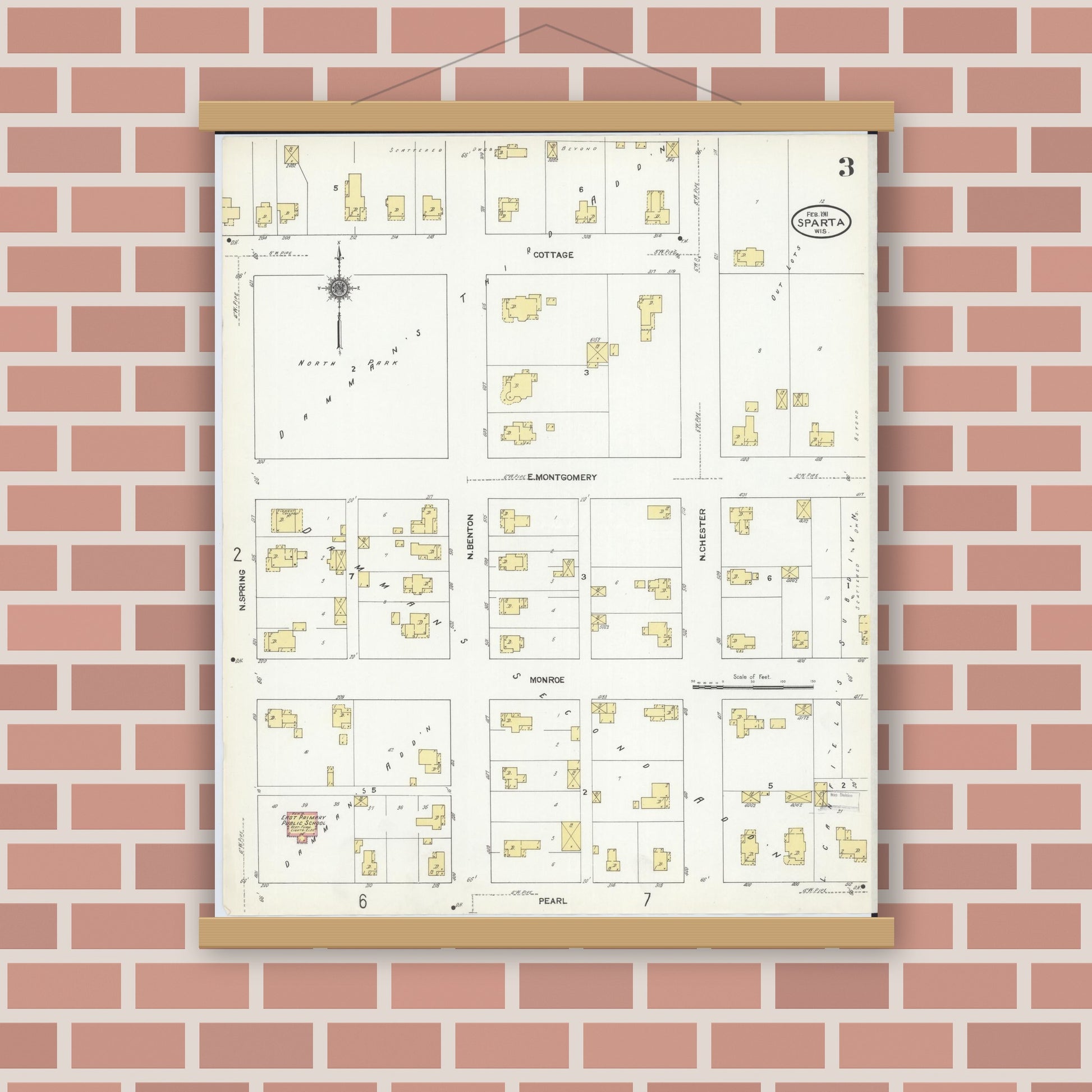 Old map wall art mockup — magnetic wood frame on brick wall — Sanborn Fire Insurance Map from Sparta, Monroe County, Wisconsin (1911), Sheet #0003