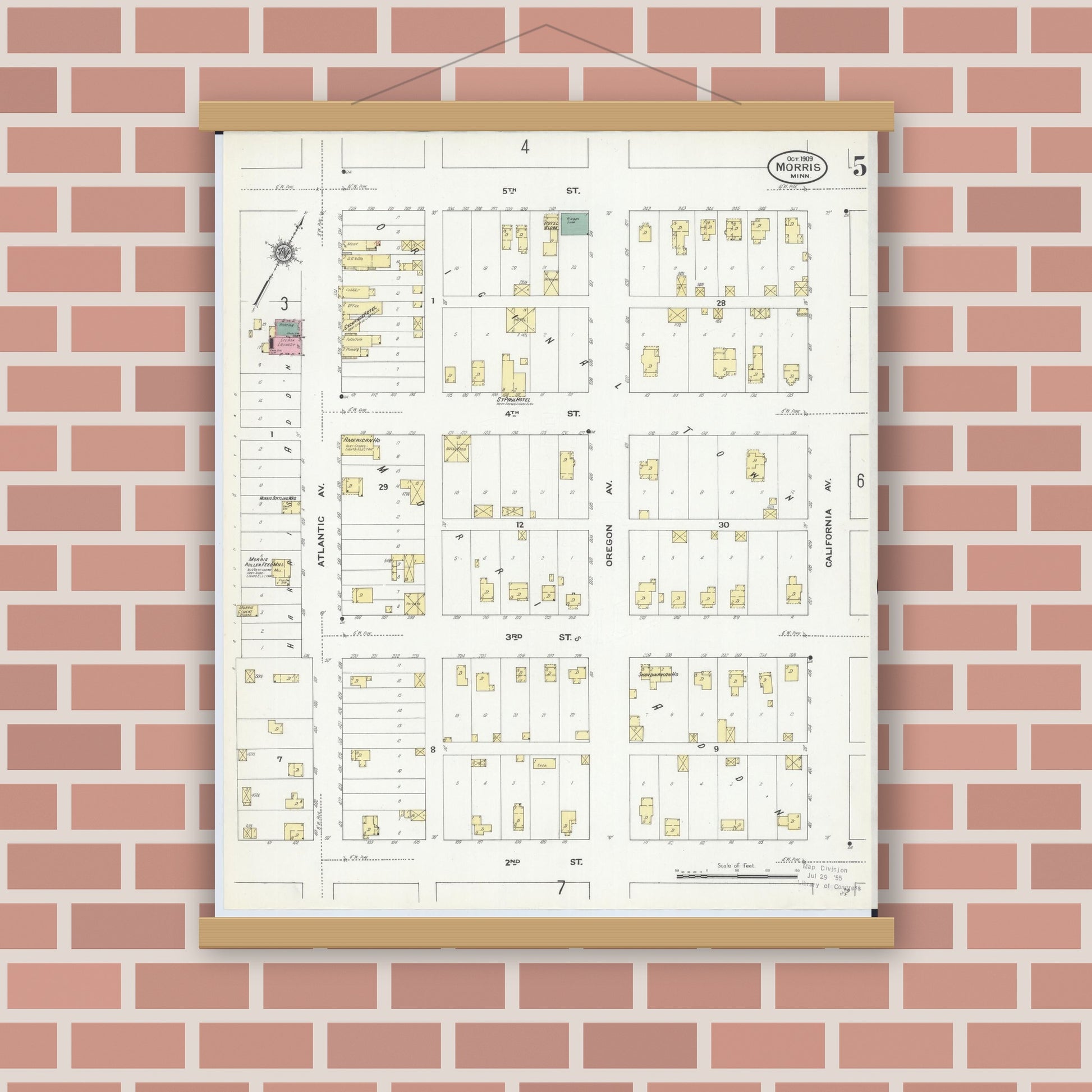 Old map wall art mockup — magnetic wood frame on brick wall — Sanborn Fire Insurance Map from Morris, Stevens County, Minnesota (1909), Sheet #0005