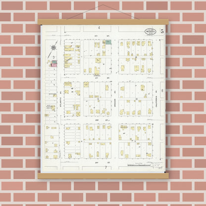 Old map wall art mockup — magnetic wood frame on brick wall — Sanborn Fire Insurance Map from Morris, Stevens County, Minnesota (1909), Sheet #0005