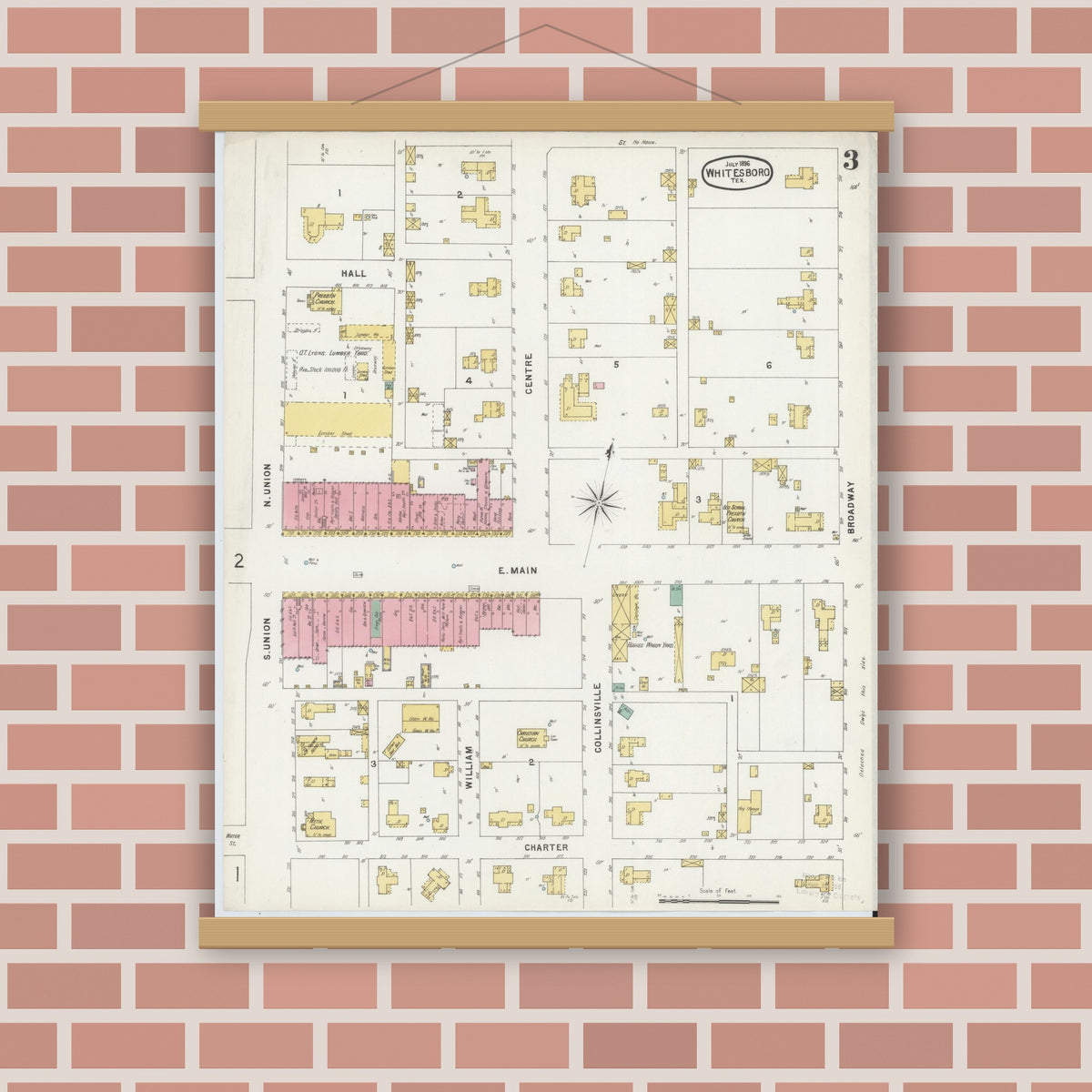 Old map wall art mockup — magnetic wood frame on brick wall — Sanborn Fire Insurance Map from Whitesboro, Grayson County, Texas (1896), Sheet #0003