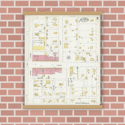 Old map wall art mockup — magnetic wood frame on brick wall — Sanborn Fire Insurance Map from Whitesboro, Grayson County, Texas (1896), Sheet #0003