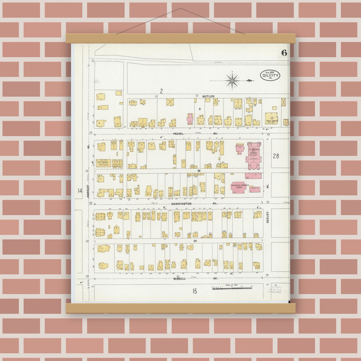 Old map wall art mockup — magnetic wood frame on brick wall — Sanborn Fire Insurance Map from Oil City, Venango County, Pennsylvania (1906), Sheet #0006