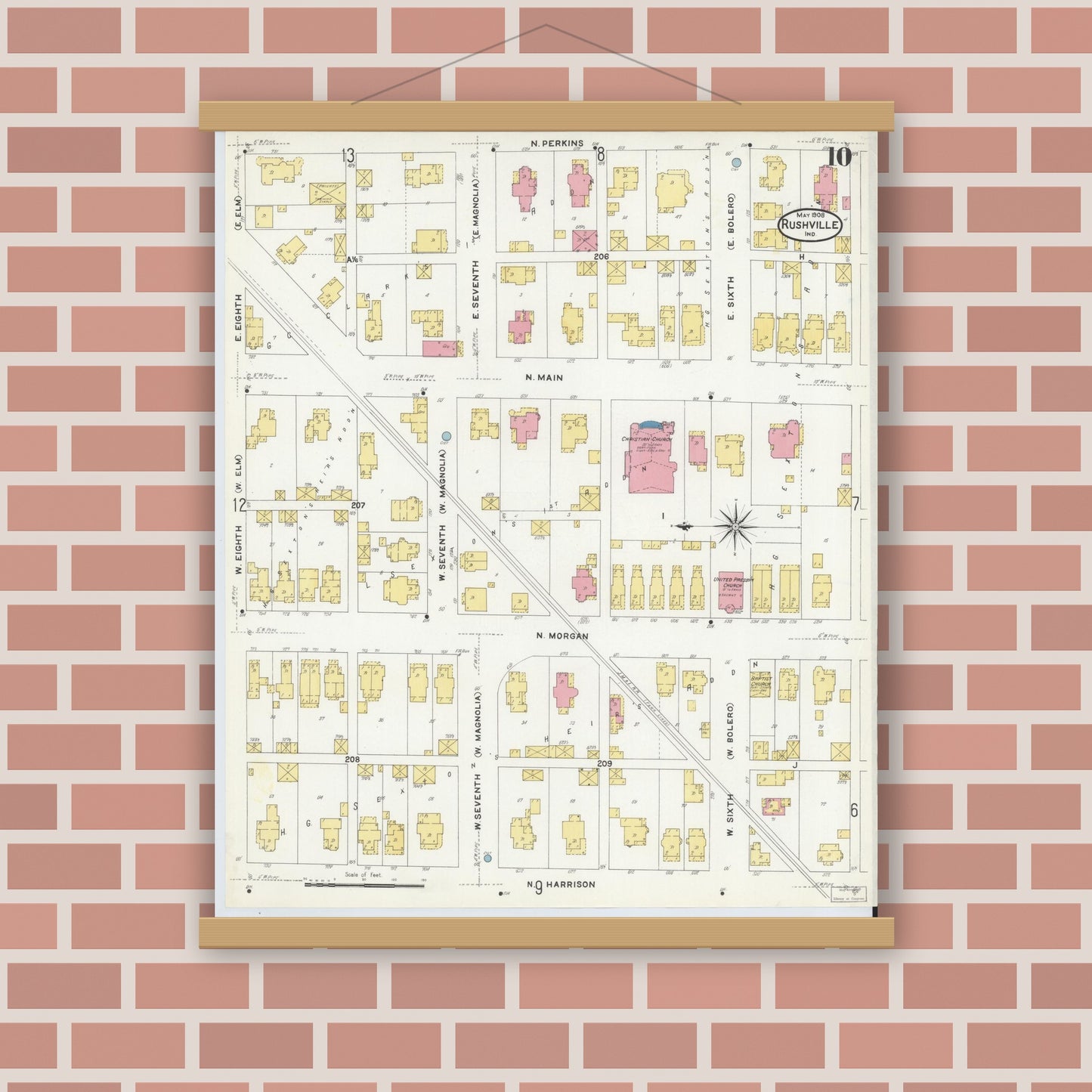 Old map wall art mockup — magnetic wood frame on brick wall — Sanborn Fire Insurance Map from Rushville, Rush County, Indiana (1908), Sheet #0010